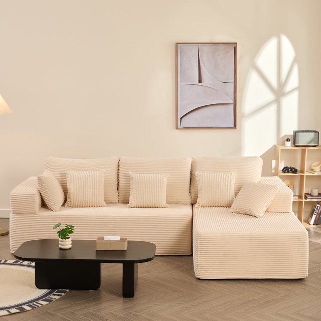BIGSYY 107" L-Shape Right Corduroy Modular Sofa for Adults, Boneless, Deep Seat, No Assembly, White (2 Packages)