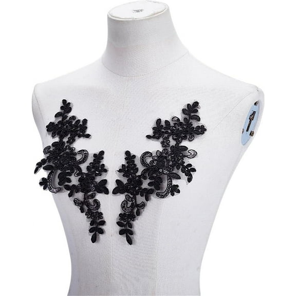 8Pcs Flower Embroidery Sequin Lace Applique Black Polyester Floral Patch Sewing Craft Decoration Appliques Repair Patches for Wedding Dress Gown Bodice Costume Clothing Craft DIY