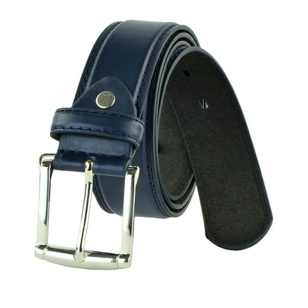 Leather Jean Casual Belt - Moda Di Raza - Men's Classic Leather Belt - 1.5 Inch Width - Square Silver Polished Belt Buckle - Formal or Casual Dress Belt - PU Bonded Leather - Navy 47 - 51 inches