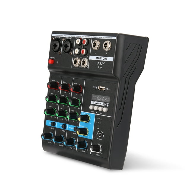 Mixeur Audio USB 4 Canaux avec Carte Son Intégrée, Bluetooth, Effets de Réverbération & Connectivité USB/BT - Planche de Mixage Compacte 4CH pour Maison, Scène, DJ, Diffusion & Doublage Vidéo - Inclut Câble USB