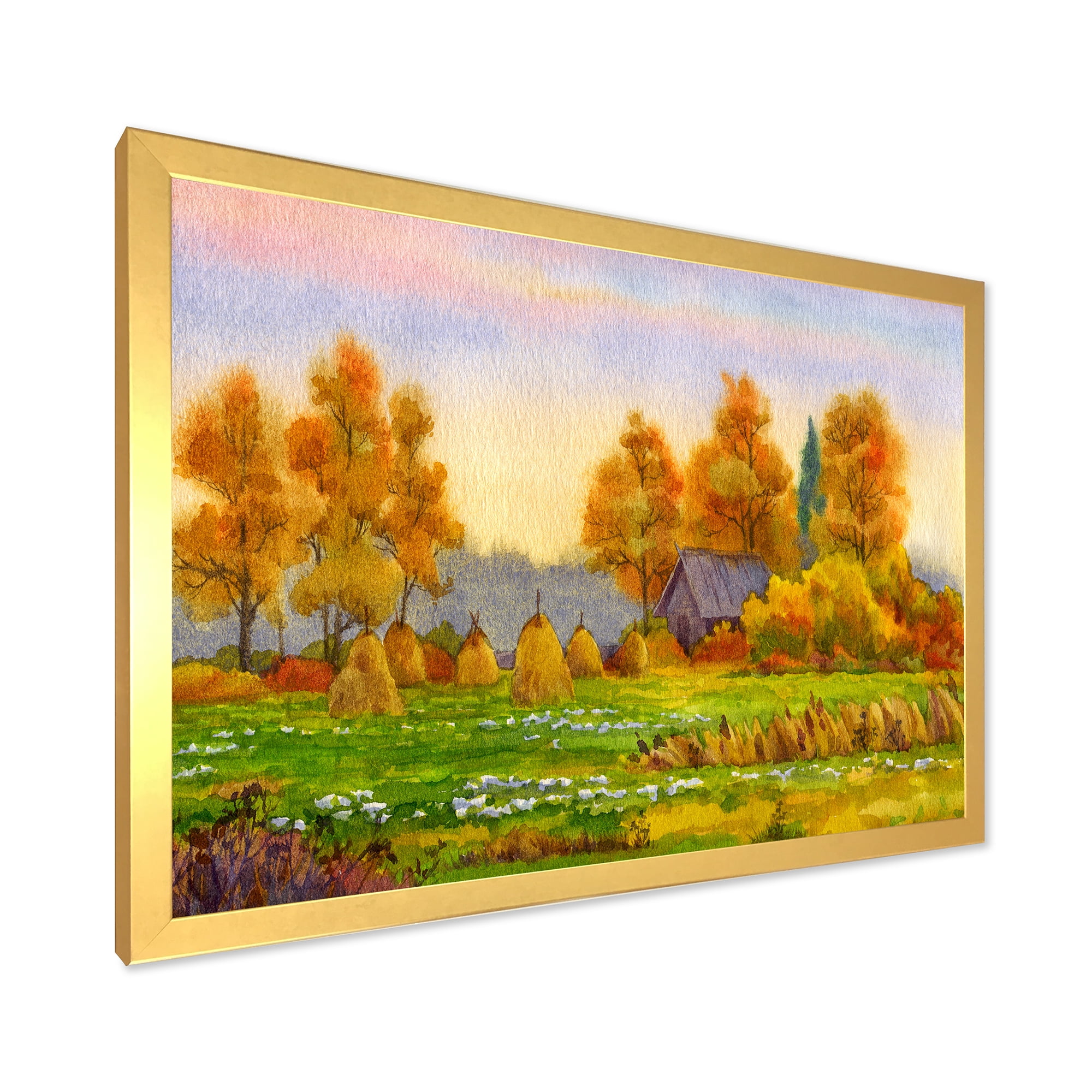 Designart 'Orange Fields With Haystacks I' Lake House Framed Art Print