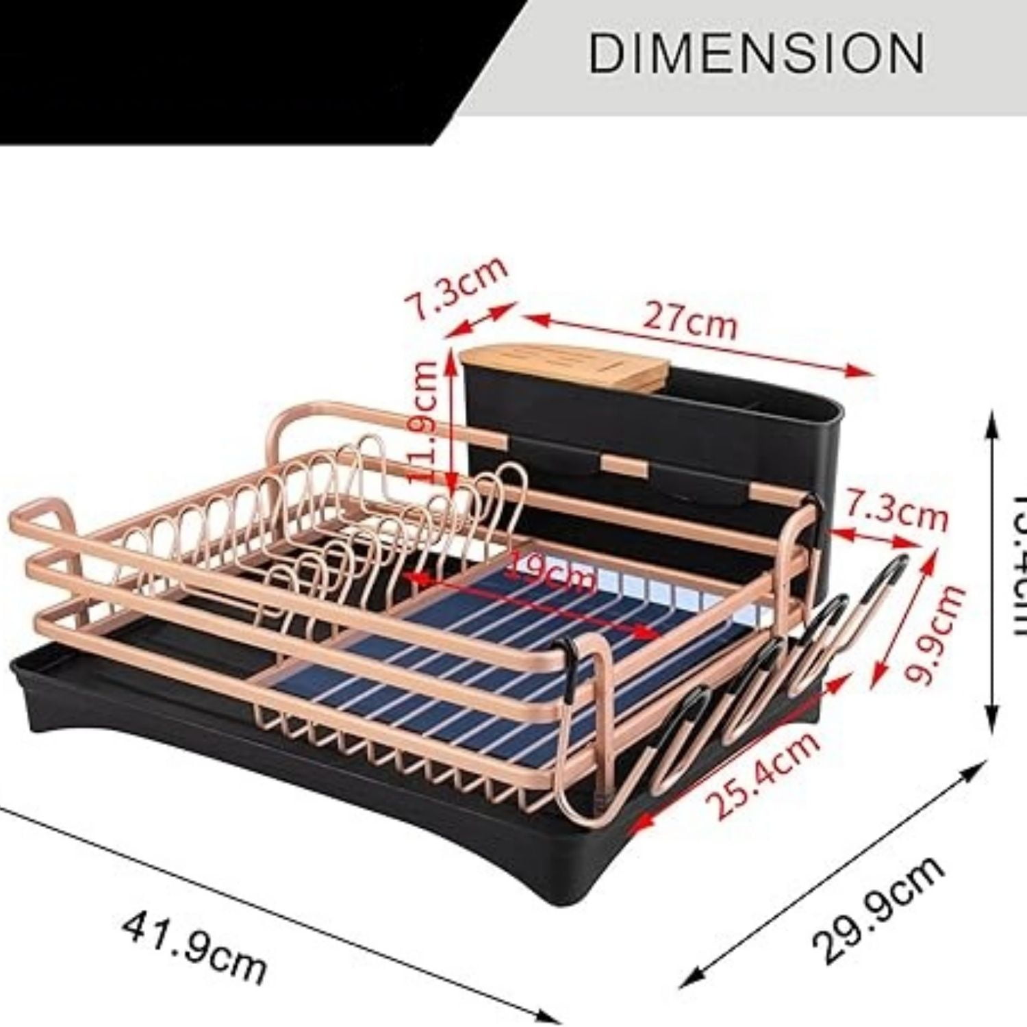 Aluminum Dish Drying Rack, Dish Racks for Kitchen Counter, Dish Drainer with Removable Cutlery Holder & Cup Holder, Unique 360° Swivel Spout Drainboard, 16.5" L x 11.8" W, Golden