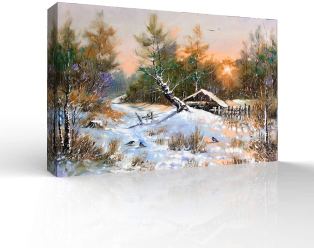 Wall26 Canvas Wall Art Winter Forest Snow Village Oil Painting