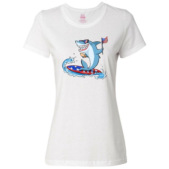 Inktastic Fourth of July Shark Surfing Women's T-Shirt