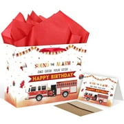 EIGHTSTATES Fire Truck PriNst Gift Bag Set - Extra Large Birthday Bags with Card & Tissue Paper - Red Firetruck Party Supplies for Kids, Boys & Baby Showers | Fire Station Theme Party Decor