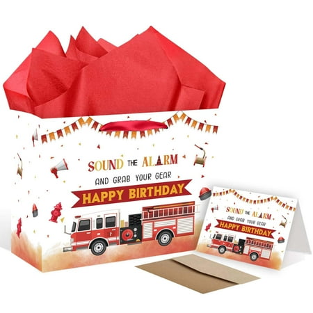EIGHTSTATES Fire Truck PriNst Gift Bag Set - Extra Large Birthday Bags with Card & Tissue Paper - Red Firetruck Party Supplies for Kids, Boys & Baby Showers | Fire Station Theme Party Decor