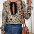 thumbnail image 4 of Aueoeo Long Sleeve Tops For Women Casual V-Neck Shirts Floral Printed Pullover Lace Hollow Back Trendy Blouses Khaki L, 4 of 9