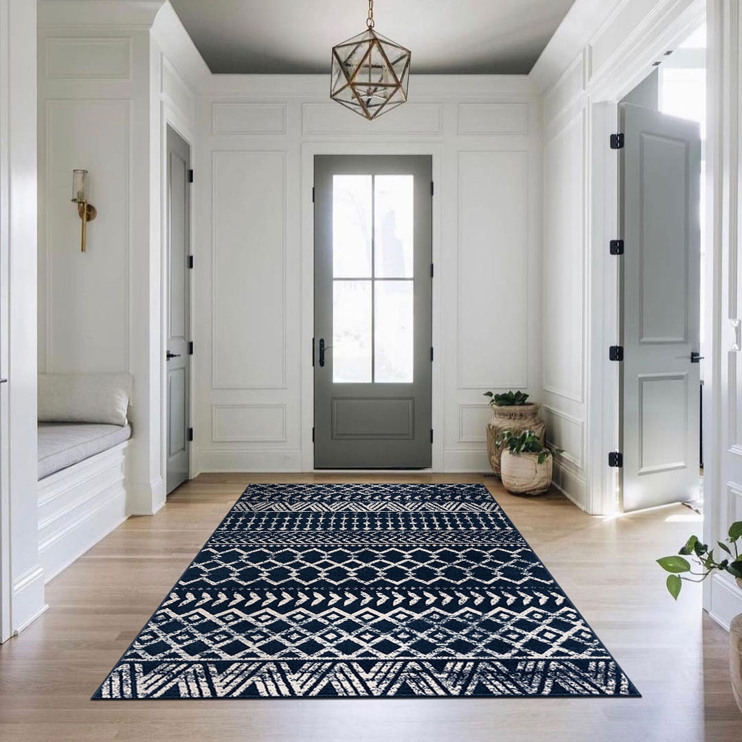 CAMILSON Crystal Navy Blue Area Rug 7'10"x10' Boho for Living Room Bedroom Dining Room Navy Blue / Cream Indoor Area Rugs