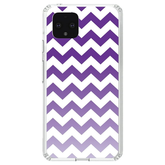 DistinctInk Clear Shockproof Hybrid Case for Google Pixel 4 XL (6.3" Screen) - TPU Bumper, Acrylic Back, Tempered Glass Screen Protector - White Purple Fade Ombré Chevron Stripes