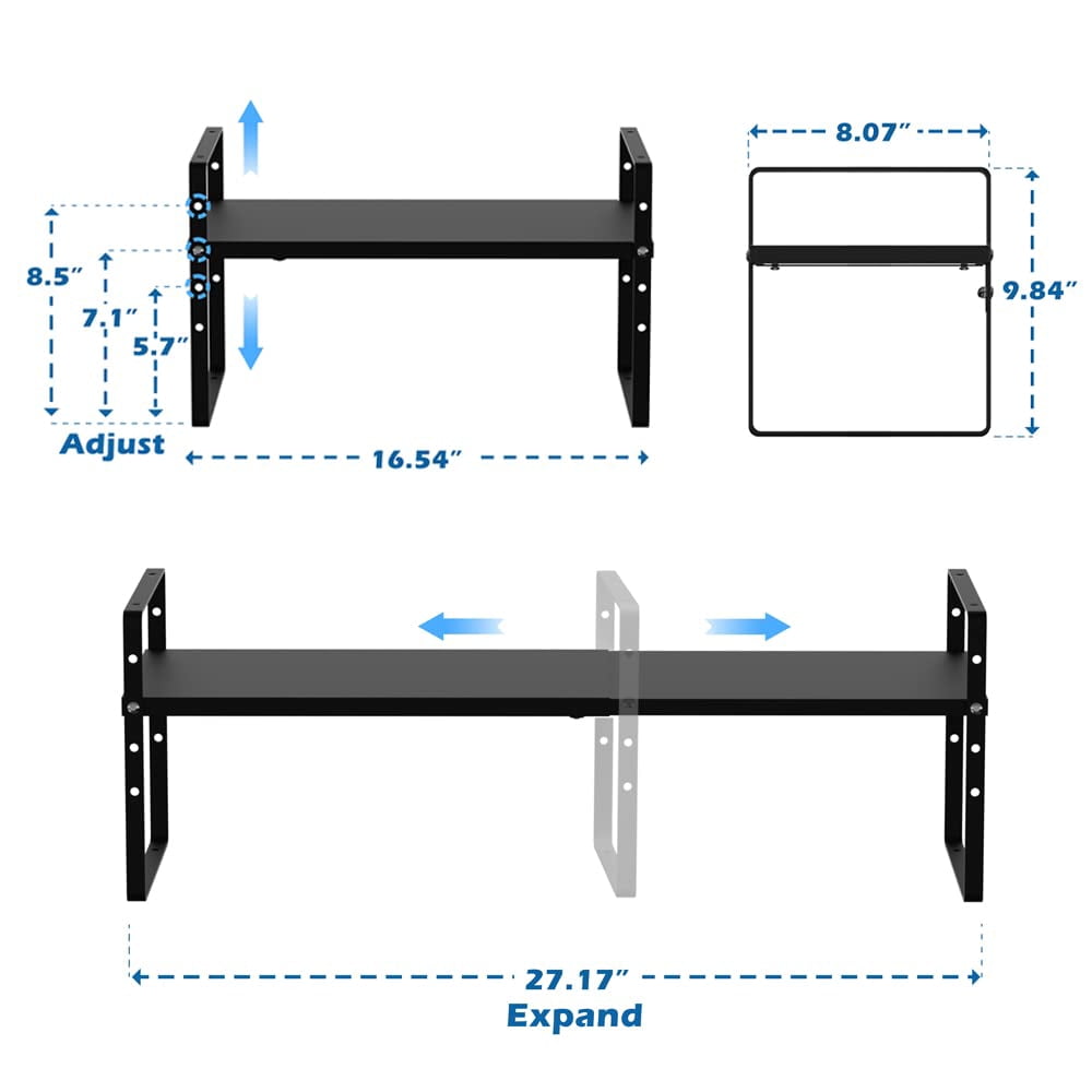 SANNO Expandable Counter Organizer, Stackable Cupboard Organizer Shelf Rack,Large Counter Shelf Organizer Cupboard, Cabinet Organization Shelf Black, 16" to 27"L x 8"W, 2 pack