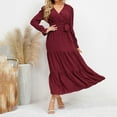 thumbnail image 6 of Riforla Women Casual Solid Maxi Dress V Neck Large Swing Dress Belt Long Sleeve Long Wedding Party Dresses Red XXL, 6 of 6