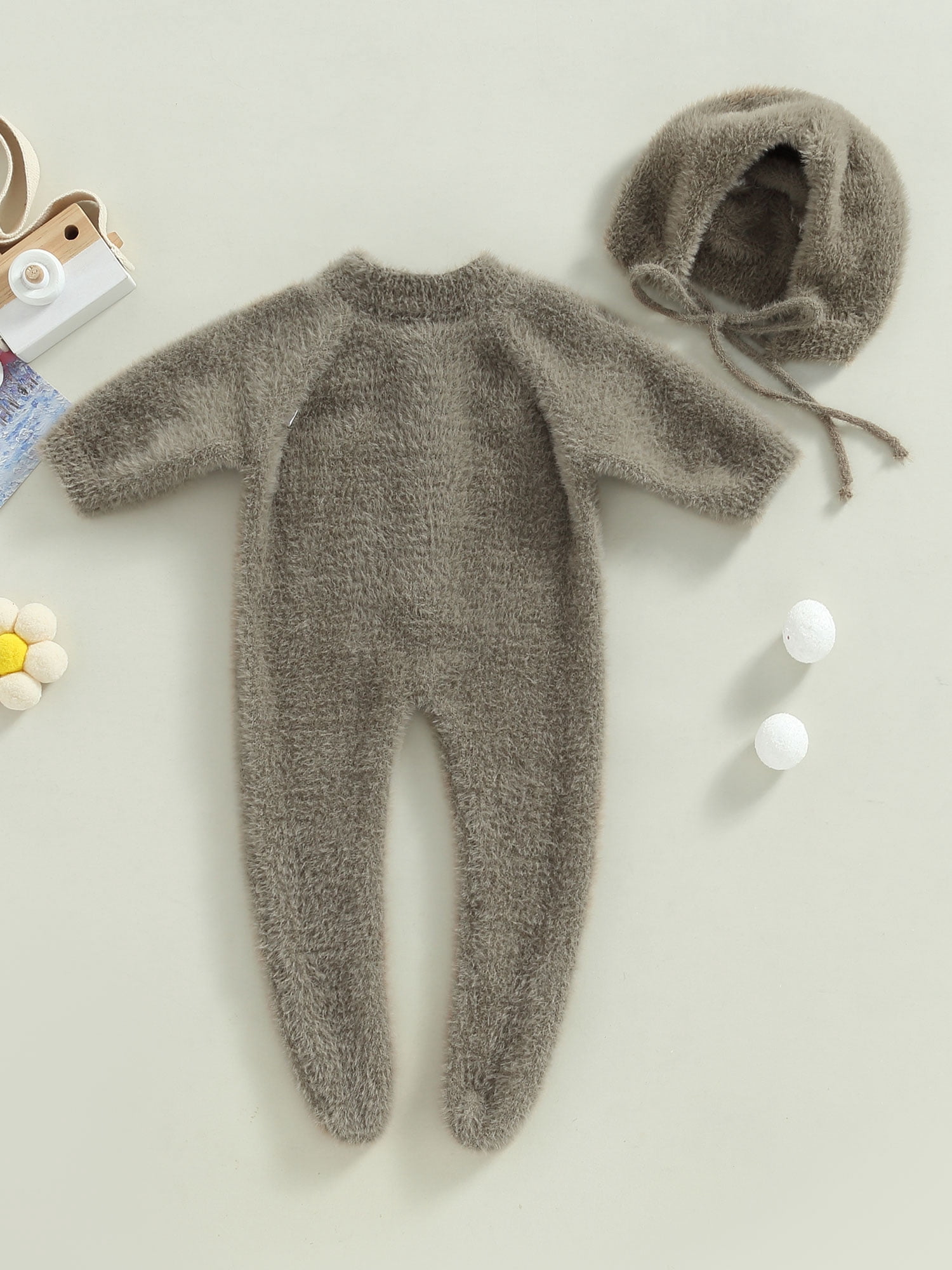Arvbitana Infant Baby Girl Boy Plush Jumpsuit Long Sleeve Round Neck Button Closure Solid Color Playsuit  + Hat Winter Warm One Pieces Clothes for Infant 2Pcs 0-24M