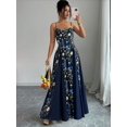 thumbnail image 3 of Navy Blue Floral Print Maxi Dress With Spaghetti Straps, Flared Hem, Sleeveless, Backless Detail, 3 of 5