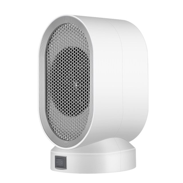 mini calentadores eléctricos portátiles, calentador de aire de espacio gris con rejilla frontal ovalada en vista frontal 3/4; base circular con interruptor, carcasa ABS ignífuga, ventilador y elemento PTC interno, 400W, tamaño 21×16.6 cm, portátil para calefacción de escritorio en invierno y a menudo usado para calentar pequeñas áreas personales.