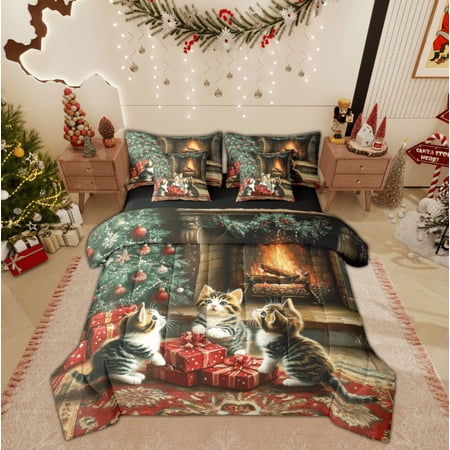 Feelyou 3D Kawaii Cat Twin Bedding Sets 7-Piece for Child Western Christmas Festival Bedding Comforter Set Kitten Animal Reversible Sheet Sets Super Cozy Room Decor