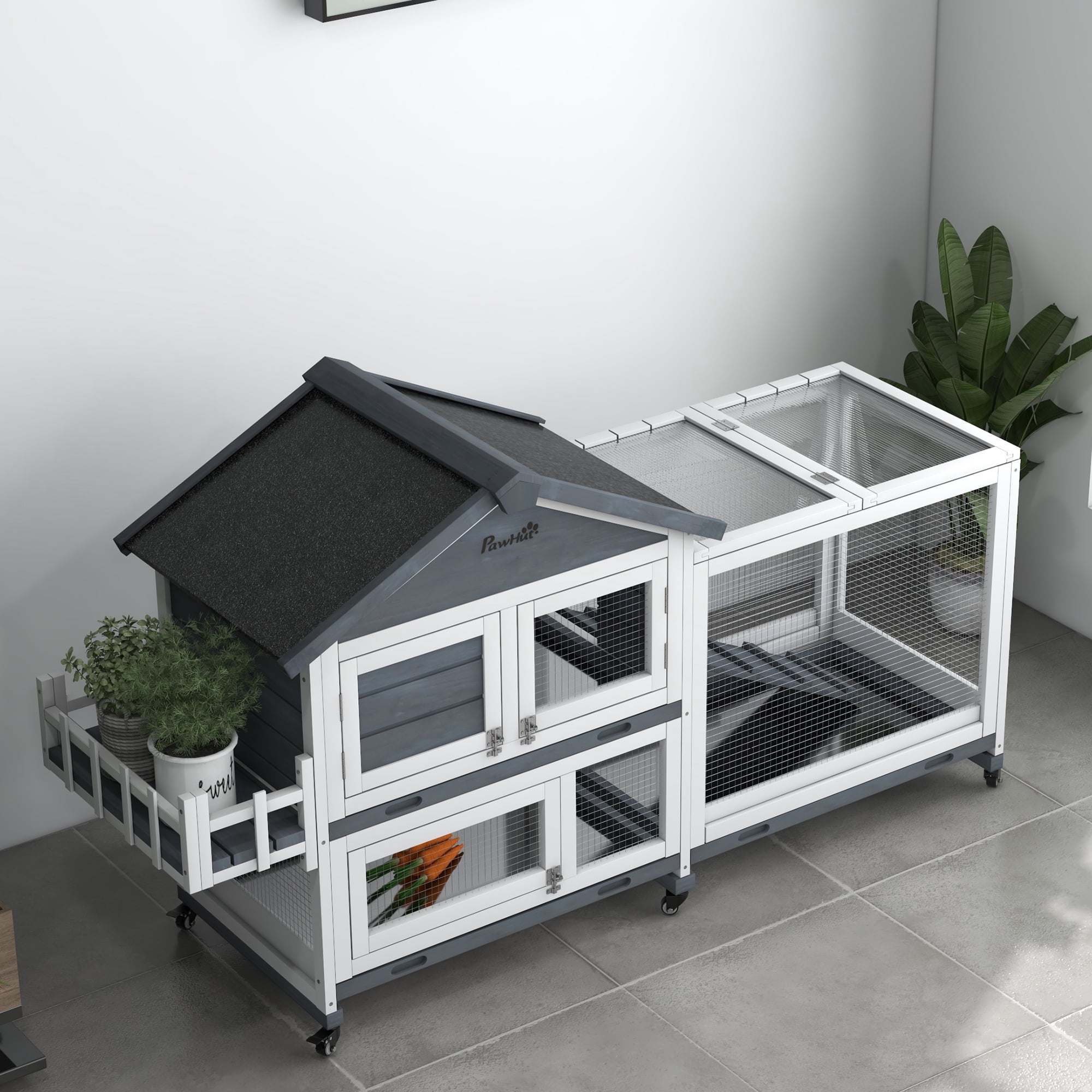 PawHut Wooden Rabbit Hutch with Wheels, Openable Roof, Storage Box, Gray