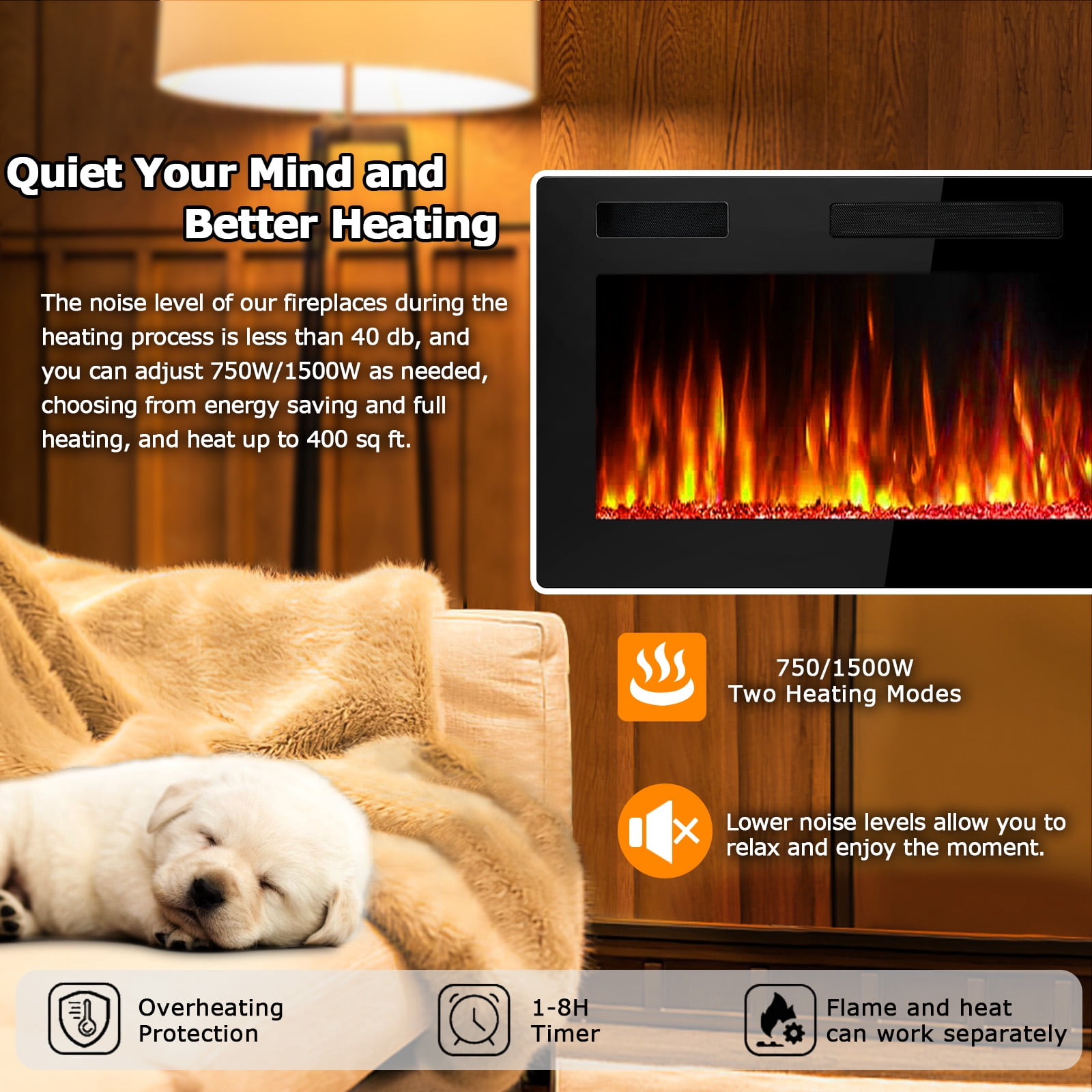 Waleaf 36” Electric Fireplace Ultra Thin Fireplace Heater, Recessed Wall Mounted Fireplace with Multicolor Flame & Remote Control