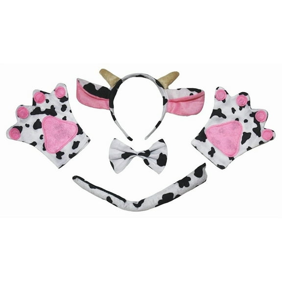 Petitebelle Milk Cow Headband Bowtie Tail Glove 4pc Costume (Cow-1, 5-10 Years)