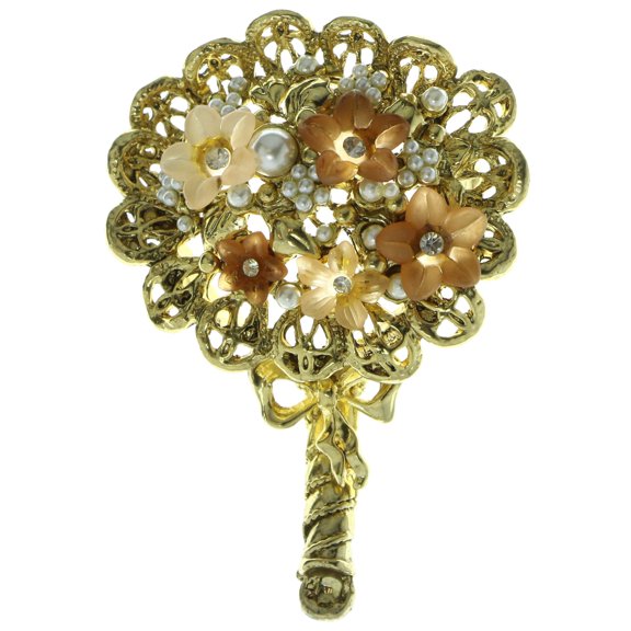 Metal Flowers Brooch-Pin With Bead Accents Gold-Tone & Pink