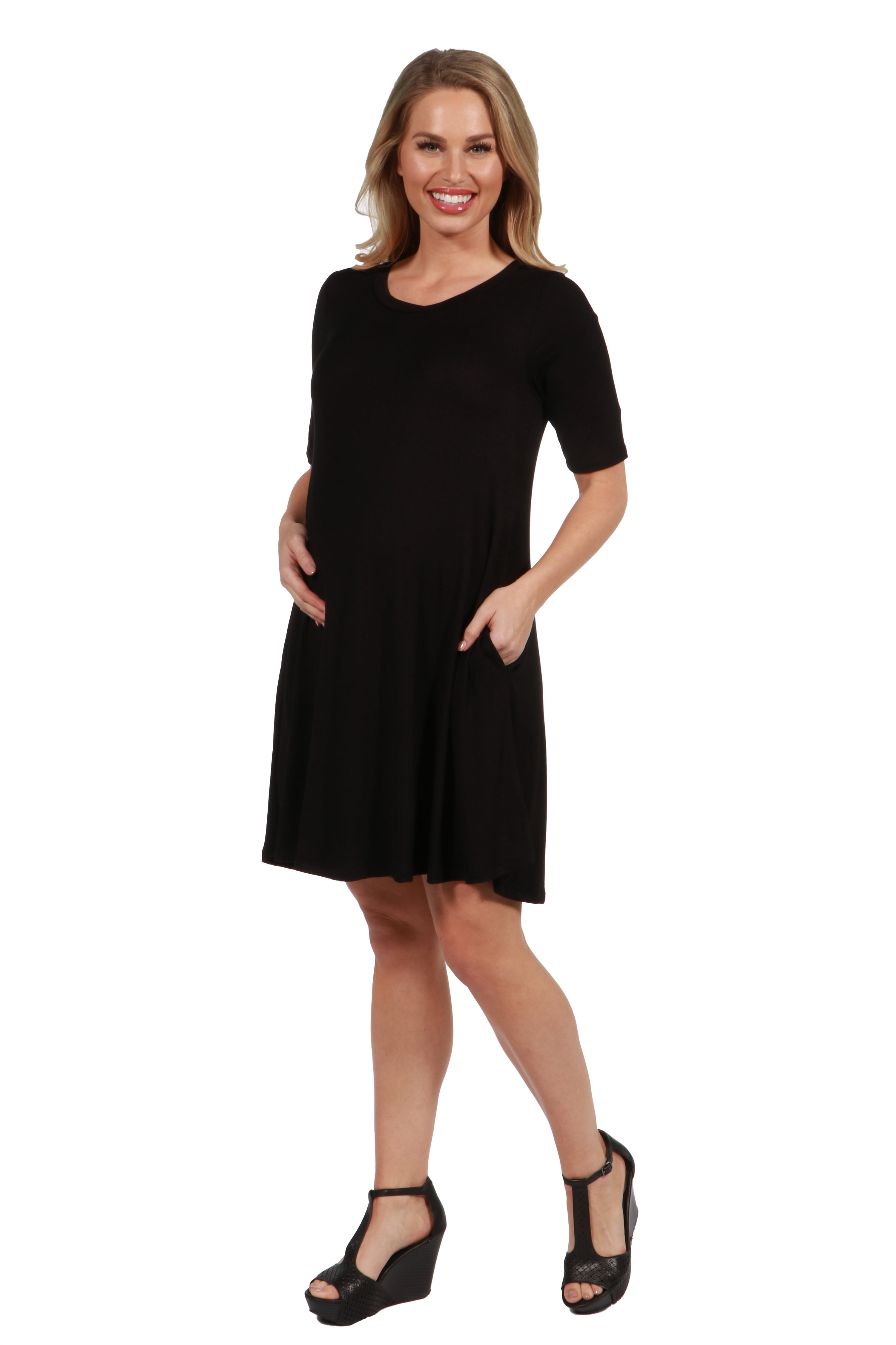 24seven Comfort Apparel Knee Length Maternity Pocket T Shirt Dress