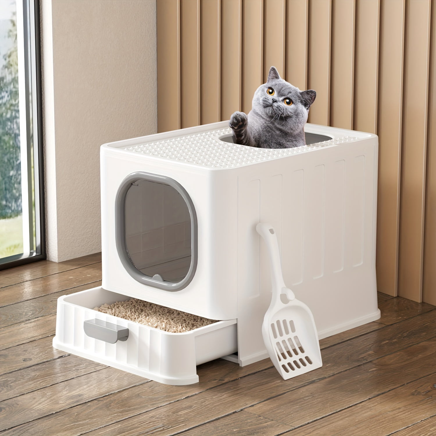 [Large Odorless Cat Litter Box] Large Enclosed Cat Litter Box with Lid Cover Hooded Odorless Cat Toilet with Litter Scoop Cat Self Groomer Deodorizer Filter