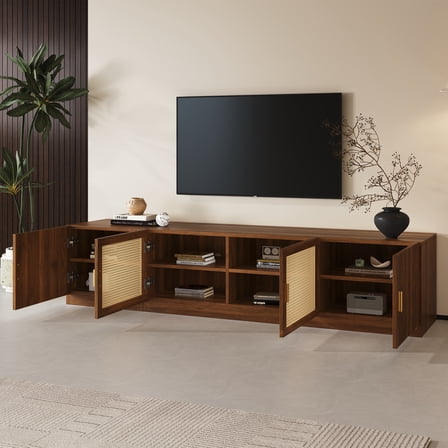 78" TV Stand for TVs up to 85", Media Console with Rattan Doors, Mid-Century Modern TV Cabinet for Living Room, Entertainment Center with Adjustable Shelves, Walnut
