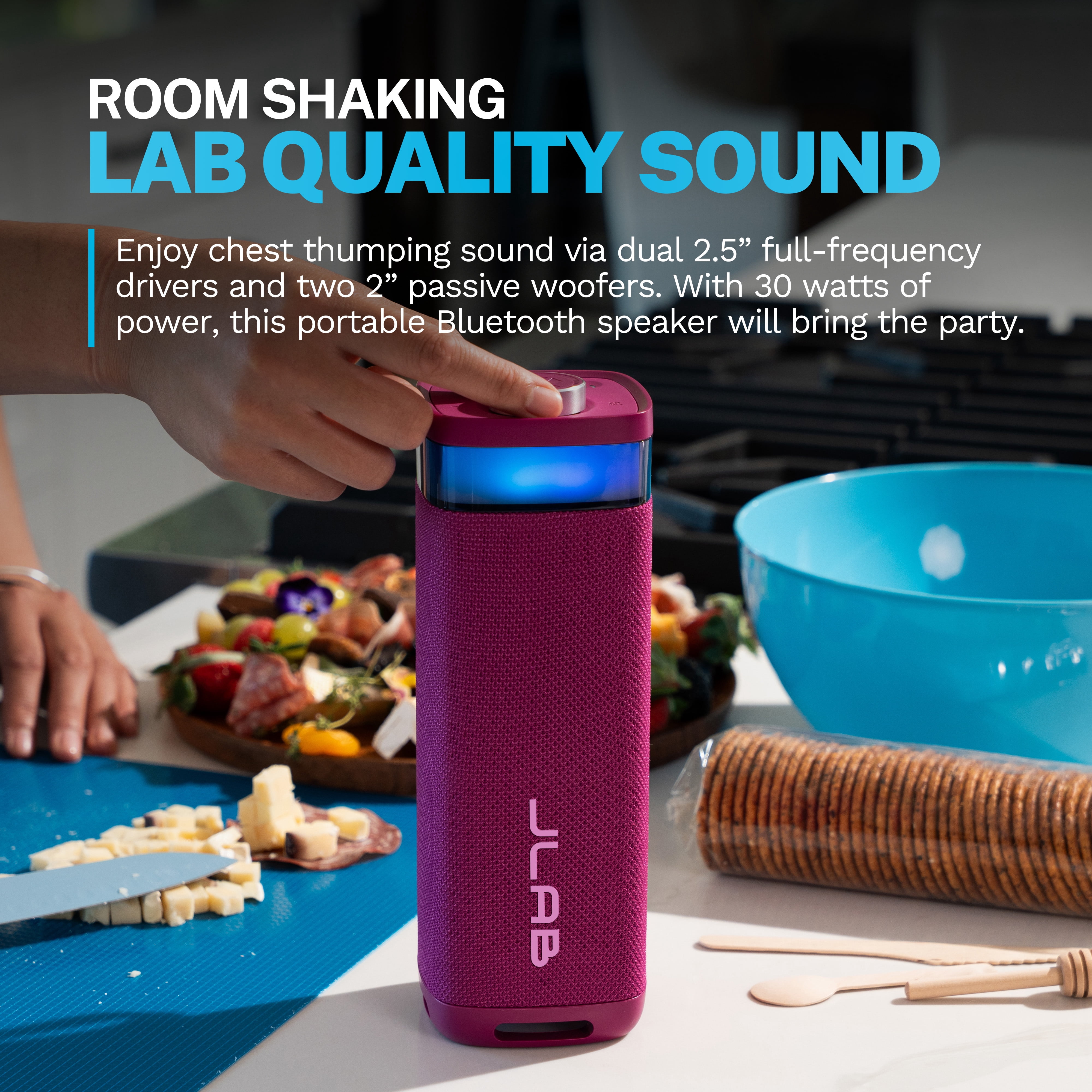 JLab JBuds Party Portable Bluetooth Speaker, 30W, 12 Hour Playtime, RGB Lighting, Splashproof, Mulberry