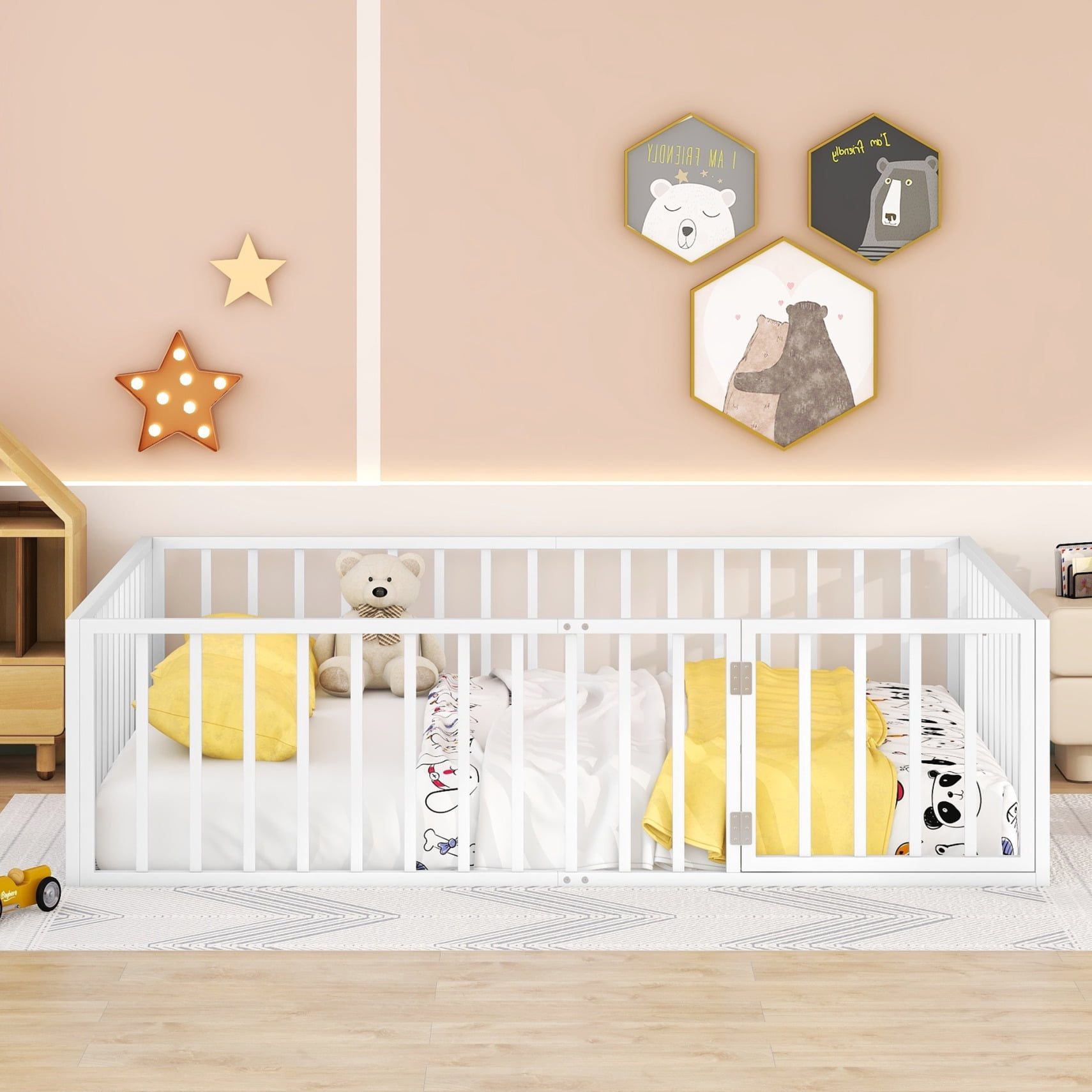 Queen Size Metal Floor Bed for Kids, Queen Montessori Bed Frame with Fence and Door, Queen Playhouse Bed with Door Design, Kids Fence Bed Playpen Bed for Boys ,Girls, White