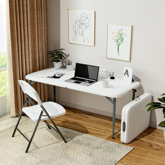 YYAo Folding Table, Portable Fold in Half Table with Handle, Lock Adjustable Height Plastic Foldable Table for Party, Picnic, Camping
