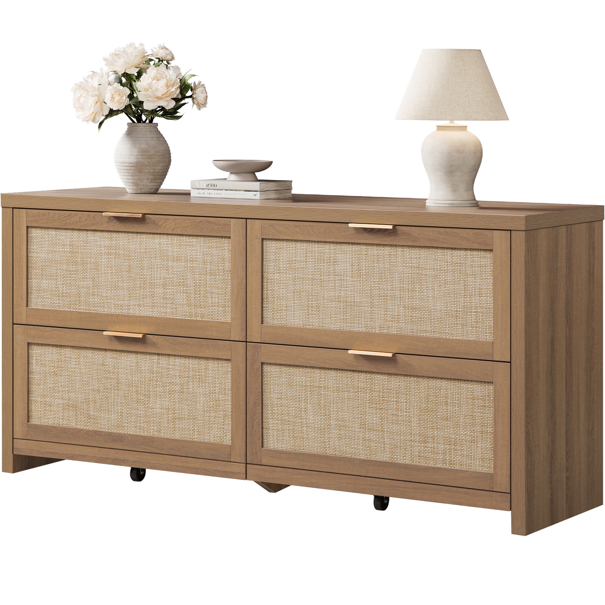 SICOTAS 60.83" Wide Large 4 Drawer Dresser for Bedroom, Oversized Rattan Dressers with Gold Handles & Rolling Wheels, Boho Dresser TV Stand up to 70" TV for Living Room, Oak