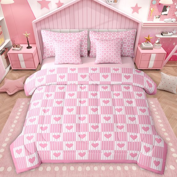 Homewish Pink White Buffalo 7-Piece Twin Bedding Sets For Children Teens Adults,Mid Century Geometric Lines Bedding Comforter Set,Love Heart Print Breathable Sheet Sets,Luxury Bedroom Decor