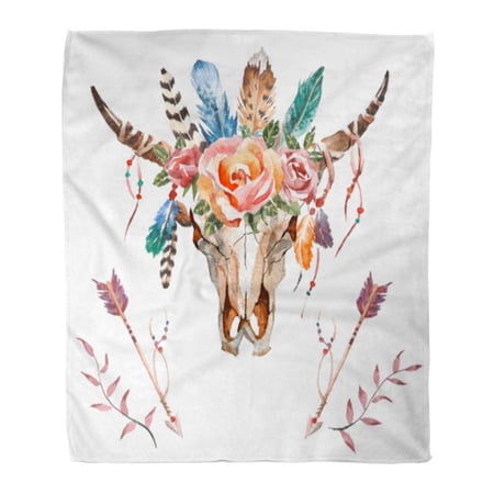 SIDONKU Throw Blanket Warm Cozy Print Flannel Watercolor Bull Head Flowers and Feathers on Boho Skull Comfortable Soft for Bed Sofa and Couch 58x80 Inches