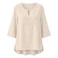 thumbnail image 4 of Womens Summer Shirts Lace V Neck 3/4 Sleeve Curved Hem Cotton Linen Oversized Tshirts for Women Beige L, 4 of 4