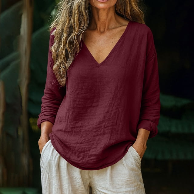 TaTaai 2026 Spring Womens V Neck Long Sleeve Tee Loose Blouse Casual Solid Color Fashion Top Linen Texture Stretchy Polyester Daily Pullover Gift