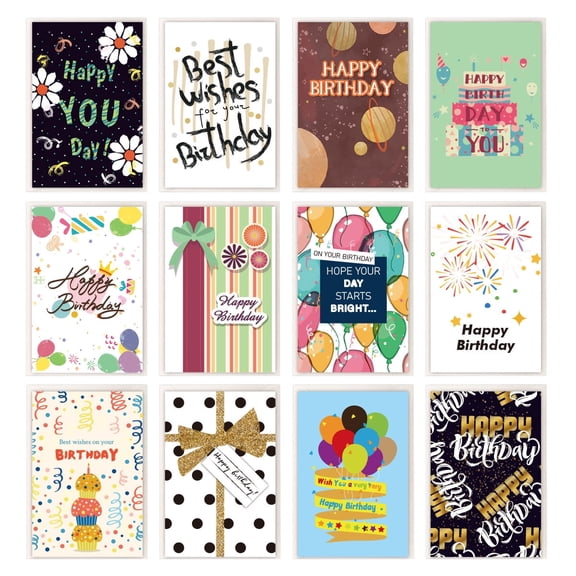 12 Pack Happy Birthday Cards Bulk with Kraft Envelopes, Assorted Colorful Greeting Cards for All Ages