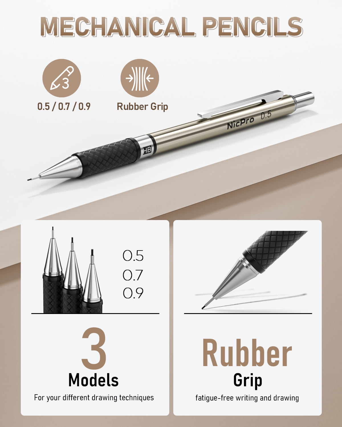 Nicpro 6 Pcs Metal Mechanical Pencils, Drafting Pencil 0.5 mm & 0.7 mm & 0.9 mm & 3 Pcs 2mm Lead Holder (6B 4B 2B HB 2H 4H Colors) with 20 Tube Lead Refills Case