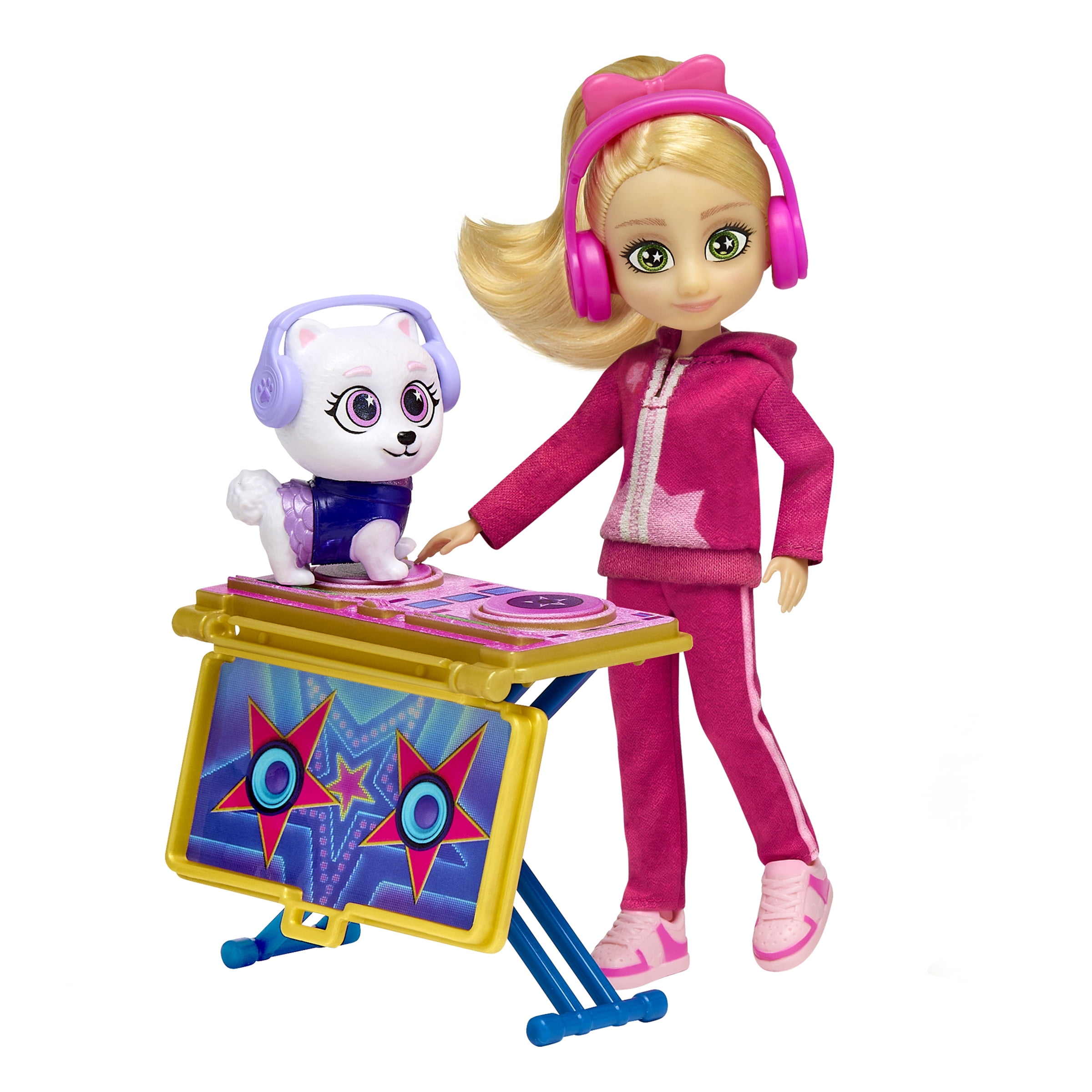 Paris & Pups Paris Star DJ Doll & Bijou Puppy Playset, 5-Inch Fashion Doll with DJ Accessories, Spinning DJ Deck, Collectible Charm & Trading Card, Kids Ages 4+ by Playmates Toys