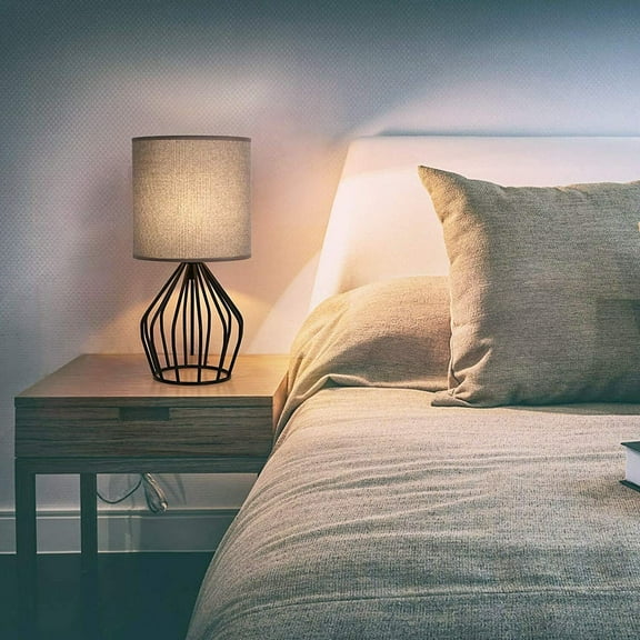 Modern Table Lamps Set of 2 - Fabric Shade Black Metal Bedside Lamps