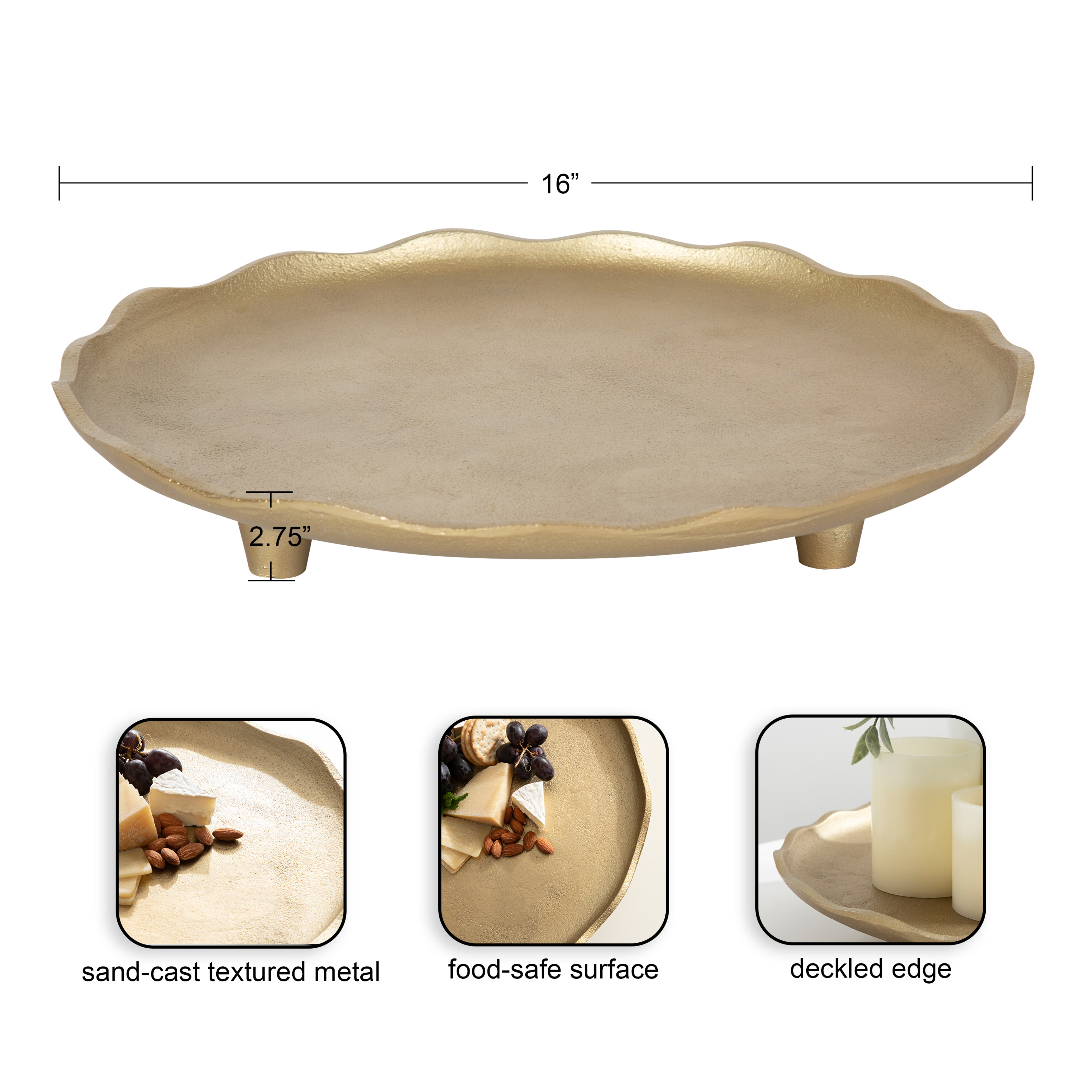 Kate And Laurel Sancia Vassoio Decorativo Rotondo In Metallo Oro, Diametro 25,4 Cm, Con Piedini In Rilievo: Ideale Come Centrotavola, Tagliere O Vassoio Portagioie