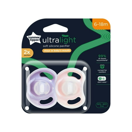 Tommee Tippee Ultra-Light Silicone Pacifier, 6-18 months, Symmetrical One-Piece Design, BPA-Free Silicone Binkies, Includes Sterilizer Box, 2 Pack