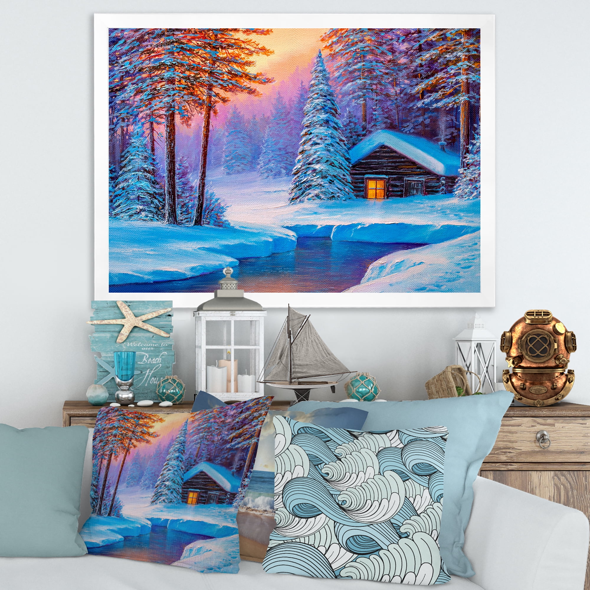 Designart 'Old Cabin In Winter Forest In Evening Glow I' Traditional Framed Art Print