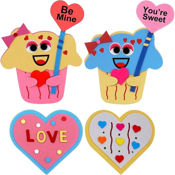 4E's Novelty Valentine Foam Cupcake & Heart Craft Kit for Kids, Makes 12, Self-Adhesive Magnet Crafts