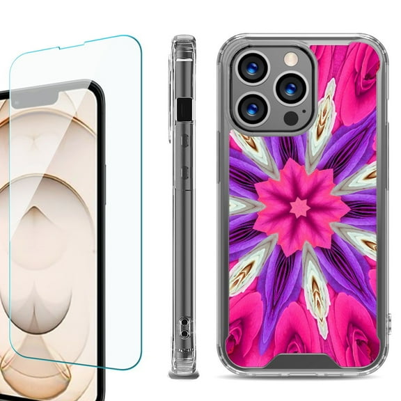 Shockproof Bumper Phone Case for iPhone 13 Pro Max, with Tempered Glass Screen Protector, by OneToughShield ® - Kaleidoscope Rose
