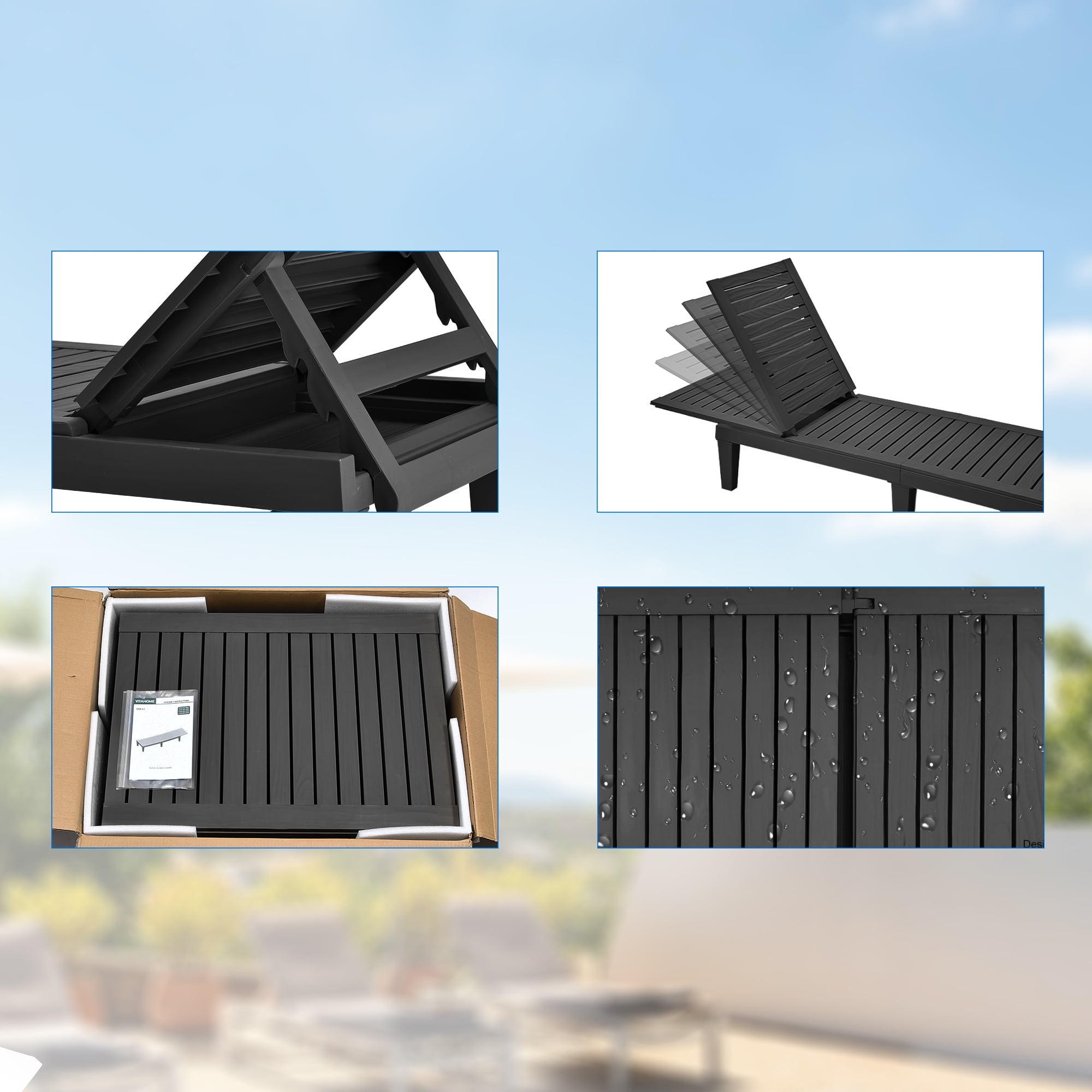 Dextrus Black Outdoor Resin Storage Cabinet & Single Chaise Lounge, Polypropylene, Wood Grain Pattern, Includes Accessories