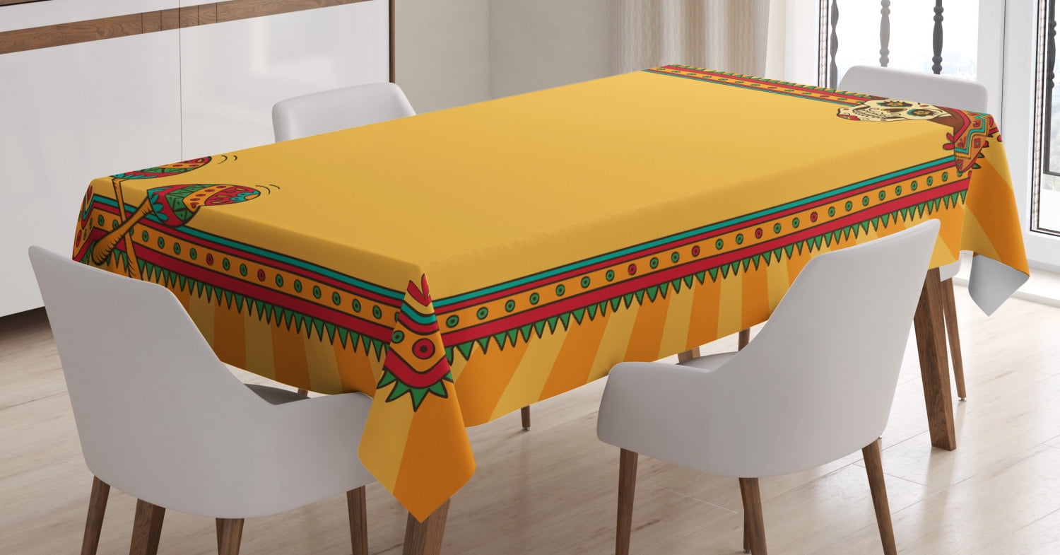 Fiesta Tablecloth, Frame Pattern with Skull Sombrero and Maracas
