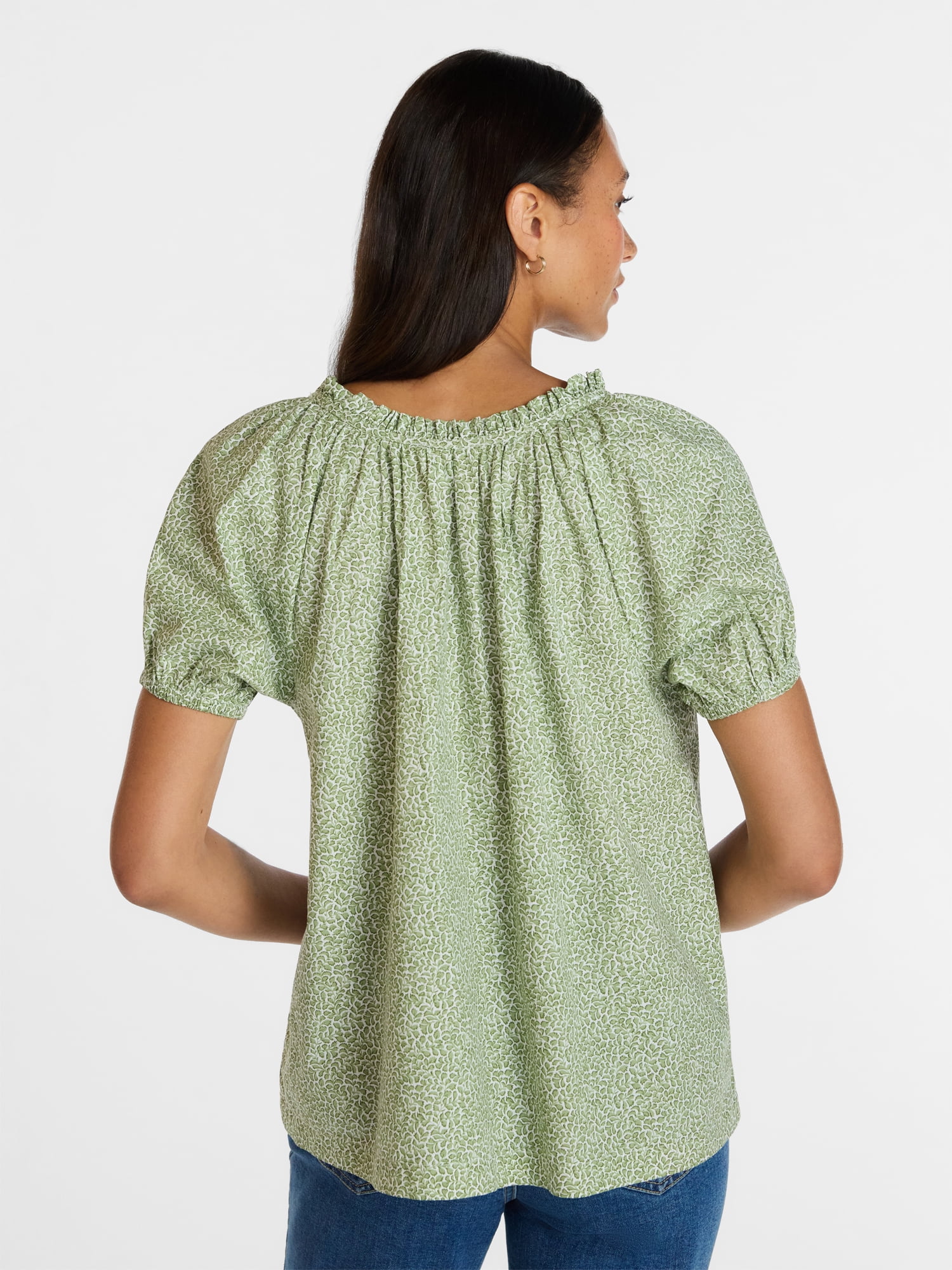 Time and Tru Women's Ruffle Neck Cotton Top with Short Puff Sleeves, Sizes XS-XXXL