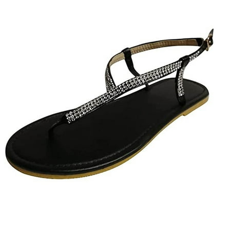 

Women Summer Clip-Toe Shoes T-Strap Flat Sandals Comfy Flats Sandals with Rhinestone Casual Beach Sandals Adjustable Ankle Strap Sandals Black 4.5