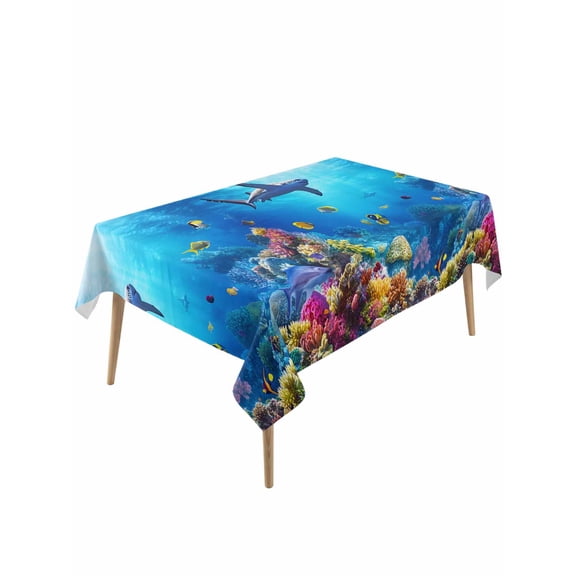 Shark Table Cloth, Blue Ocean Underwater Animal Coral Tropical Fish Waterproof Tablecloth for Rectangle Tables, Reusable Washable Fabric Table Cover for Restaurant Kitchen Dining Tables 60"x120"