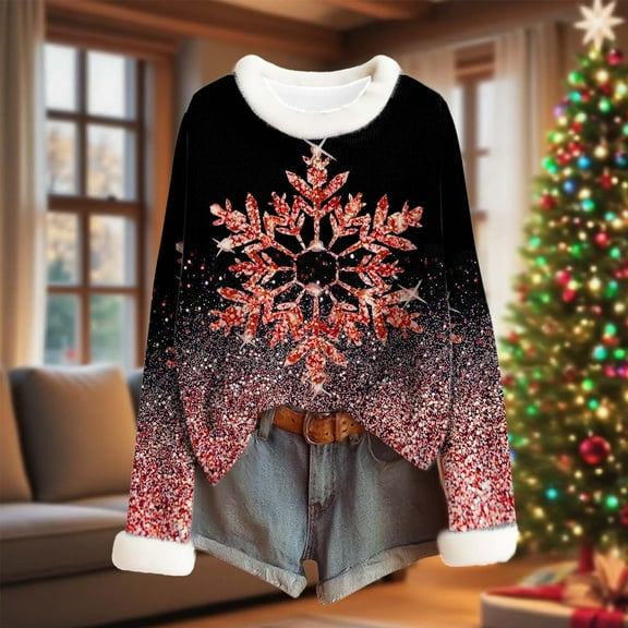 GaThRRgYP Sweatshirts for Women Plus Size,Ladies' Winter Non Positioning Christmas Printed Long Sleeved Coarse Woven Stripe Round Neck Pullover Top Red S