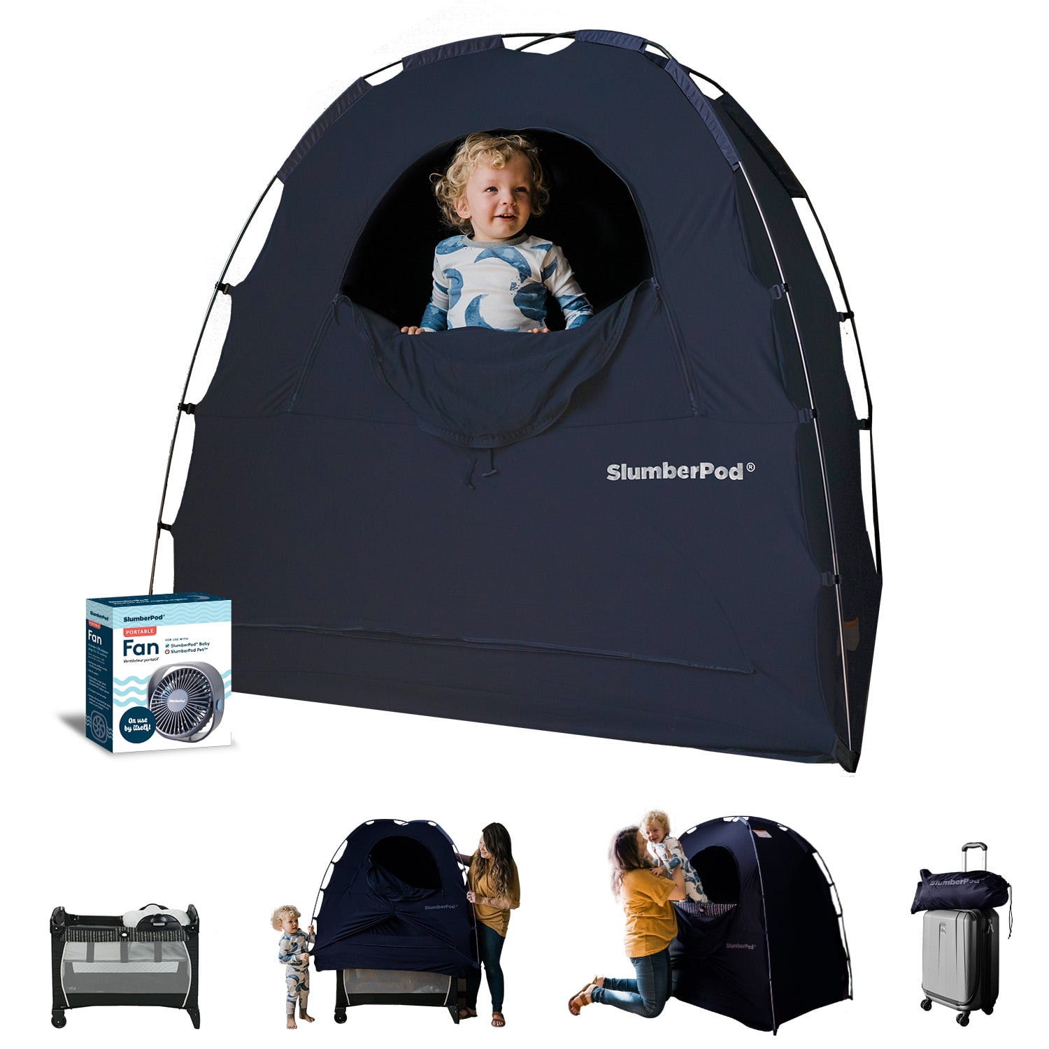 SlumberPod with Fan, Pack n Play Blackout Cover, Baby Sleep Pod (Navy